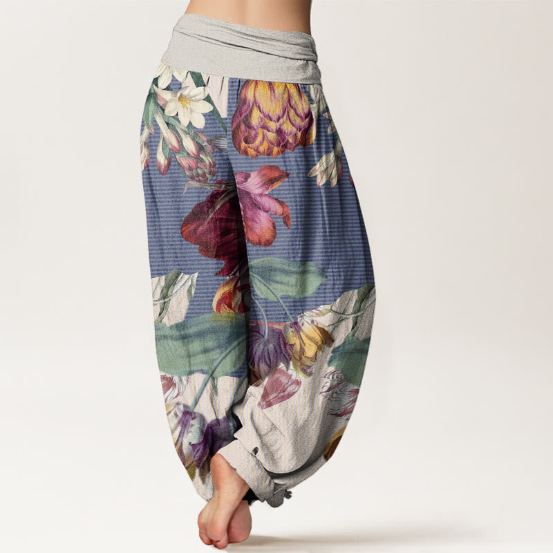 Pantalones bombachos de cintura elástica para mujer con diseño de tulipanes, hojas verdes y Buddha Stones, de algodón. - image 5