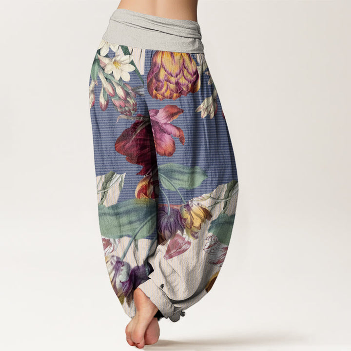 Pantalones bombachos de cintura elástica para mujer con diseño de tulipanes, hojas verdes y Buddha Stones, de algodón. - image 5