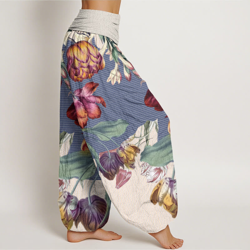 Pantalones bombachos de cintura elástica para mujer con diseño de tulipanes, hojas verdes y Buddha Stones, de algodón. - image 6