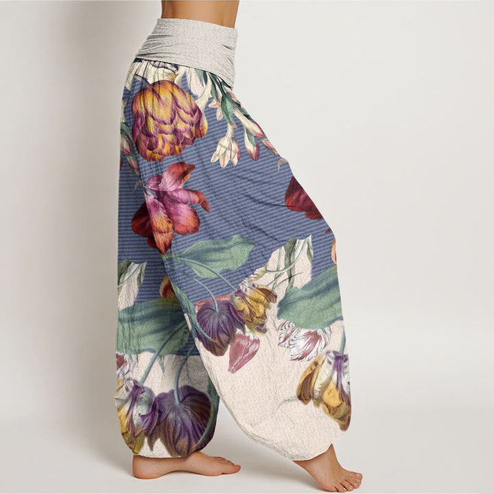 Pantalones bombachos de cintura elástica para mujer con diseño de tulipanes, hojas verdes y Buddha Stones, de algodón. - image 6