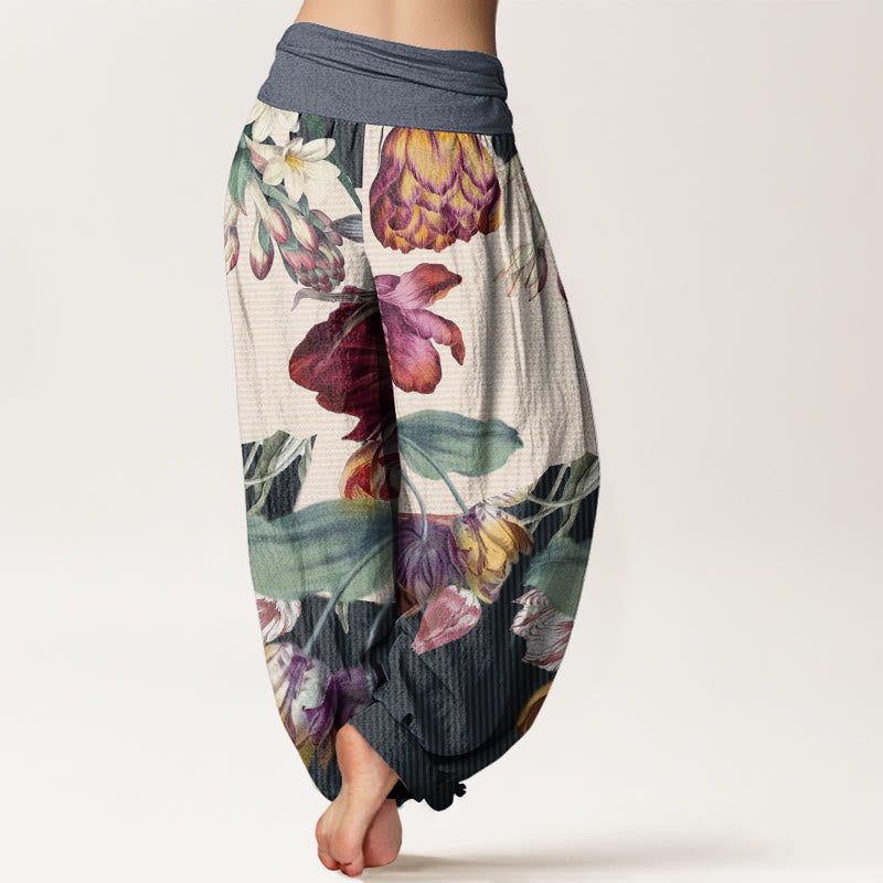 Pantalones bombachos de cintura elástica para mujer con diseño de tulipanes, hojas verdes y Buddha Stones, de algodón. - image 8