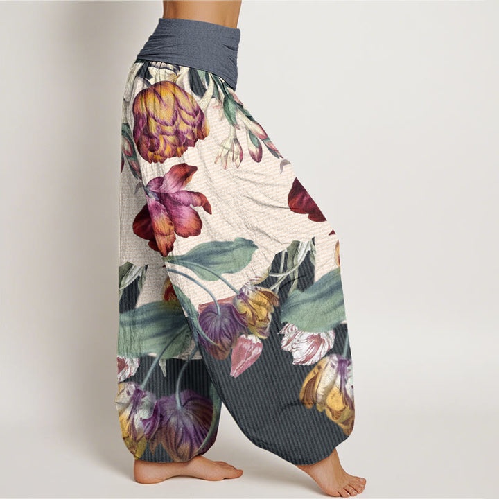 Pantalones bombachos de cintura elástica para mujer con diseño de tulipanes, hojas verdes y Buddha Stones, de algodón. - image 9