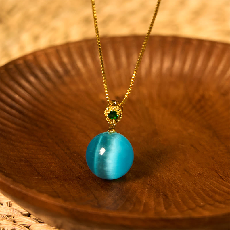 Buddha Stones Colgante de collar con forma de bola redonda de ojo de gato que inspira confianza - Ojo de gato azul - image 0