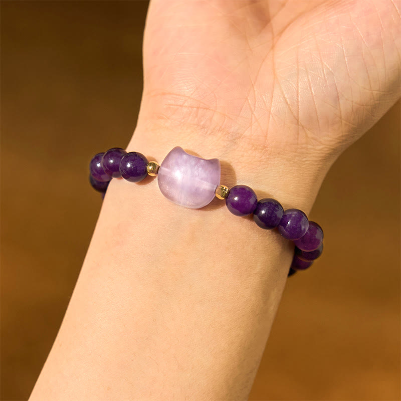 Pulsera de la suerte con cabeza de gato, amatista, aventurina verde, cuarzo rosa, fluorita y Buddha Stones - image 3