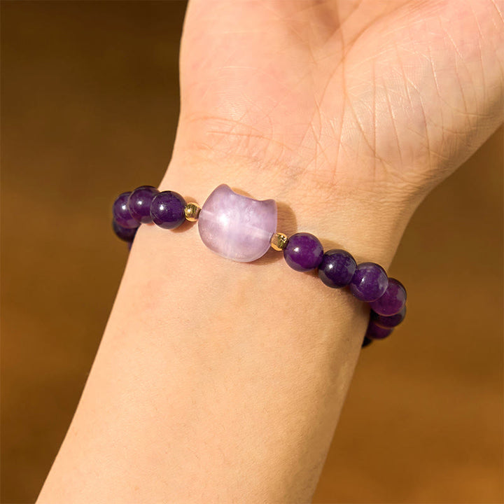 Pulsera de la suerte con cabeza de gato, amatista, aventurina verde, cuarzo rosa, fluorita y Buddha Stones - image 3