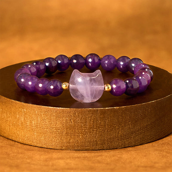 Pulsera de la suerte con cabeza de gato, amatista, aventurina verde, cuarzo rosa, fluorita y Buddha Stones - image 2