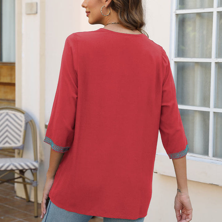 Camiseta de algodón para mujer con cuello en V y media manga con bordado de flores y hojas de Buddha Stones, informal, de verano - image 21