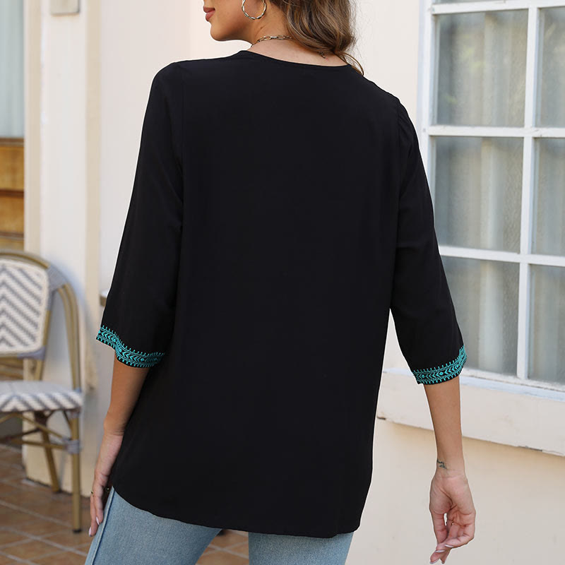 Camiseta de algodón para mujer con cuello en V y media manga con bordado de flores y hojas de Buddha Stones, informal, de verano - image 7