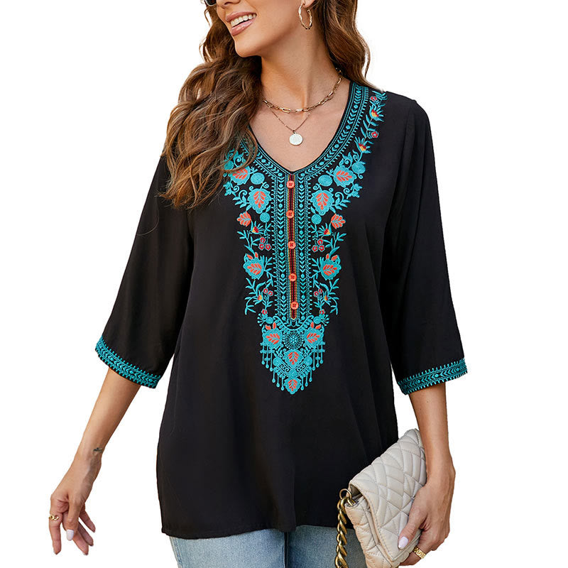 Camiseta de algodón para mujer con cuello en V y media manga con bordado de flores y hojas de Buddha Stones, informal, de verano - image 10