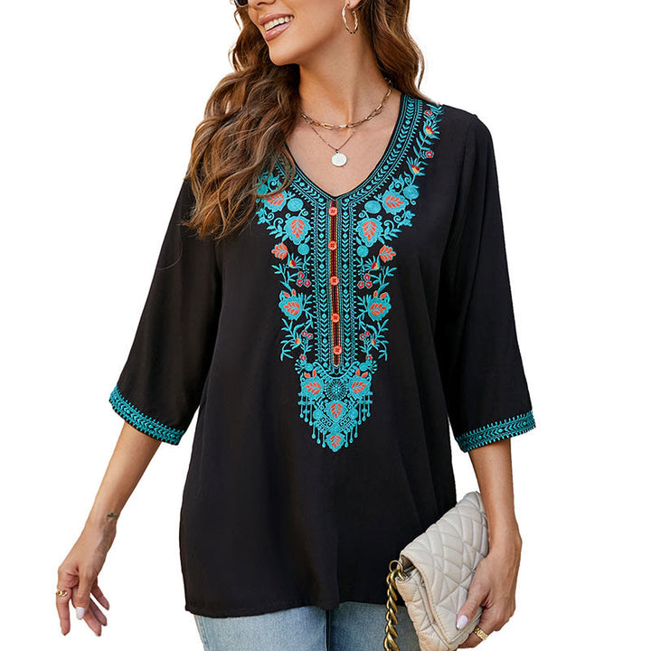 Camiseta de algodón para mujer con cuello en V y media manga con bordado de flores y hojas de Buddha Stones, informal, de verano - image 10