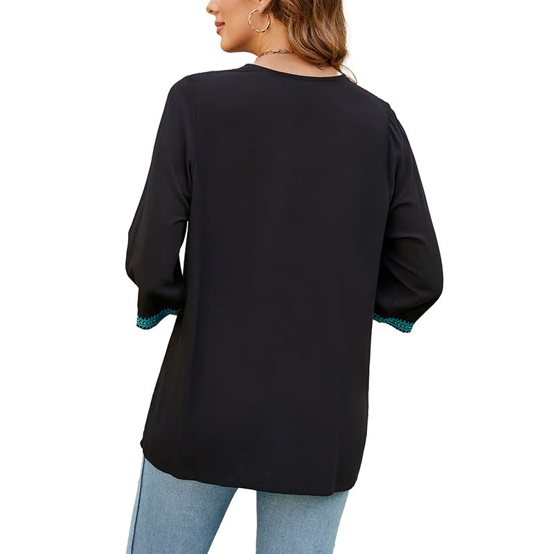 Camiseta de algodón para mujer con cuello en V y media manga con bordado de flores y hojas de Buddha Stones, informal, de verano - image 12