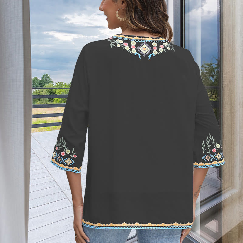 Camiseta de algodón para mujer, de manga larga y cuello en V, con bordado floral y estampado de Buddha Stones de primavera - image 2