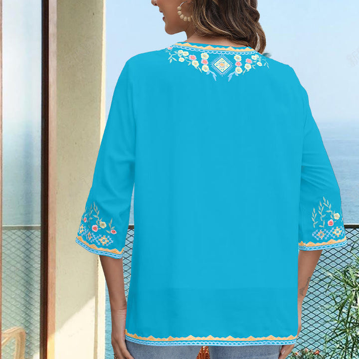 Camiseta de algodón para mujer, de manga larga y cuello en V, con bordado floral y estampado de Buddha Stones de primavera - image 17