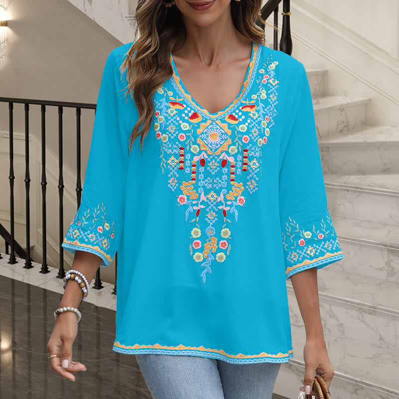 Camiseta de algodón para mujer, de manga larga y cuello en V, con bordado floral y estampado de Buddha Stones de primavera - Azul cielo profundo - US12, UK/AU16, EU44 (3XL) - image 15