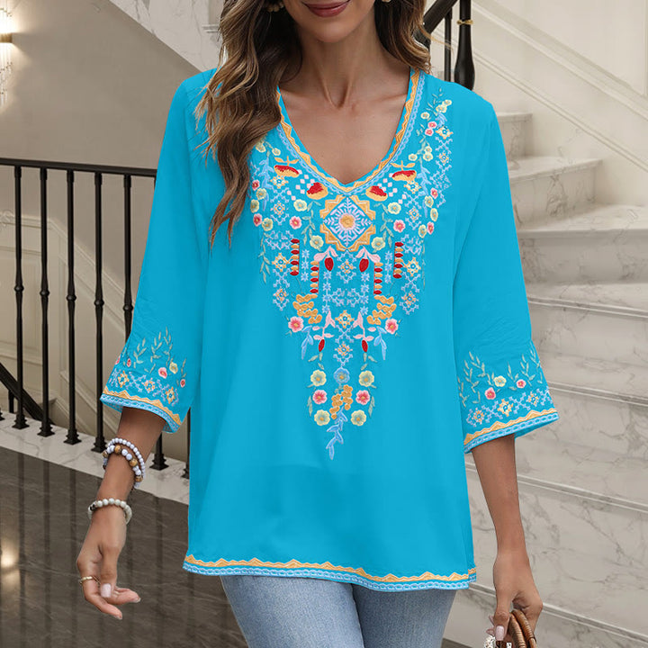 Camiseta de algodón para mujer, de manga larga y cuello en V, con bordado floral y estampado de Buddha Stones de primavera - Azul cielo profundo - US12, UK/AU16, EU44 (3XL) - image 15