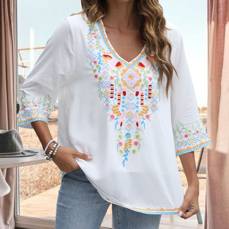 Camiseta de algodón para mujer, de manga larga y cuello en V, con bordado floral y estampado de Buddha Stones de primavera - image 9