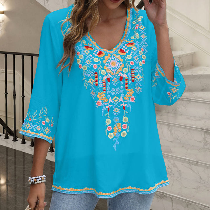 Camiseta de algodón para mujer, de manga larga y cuello en V, con bordado floral y estampado de Buddha Stones de primavera - image 18