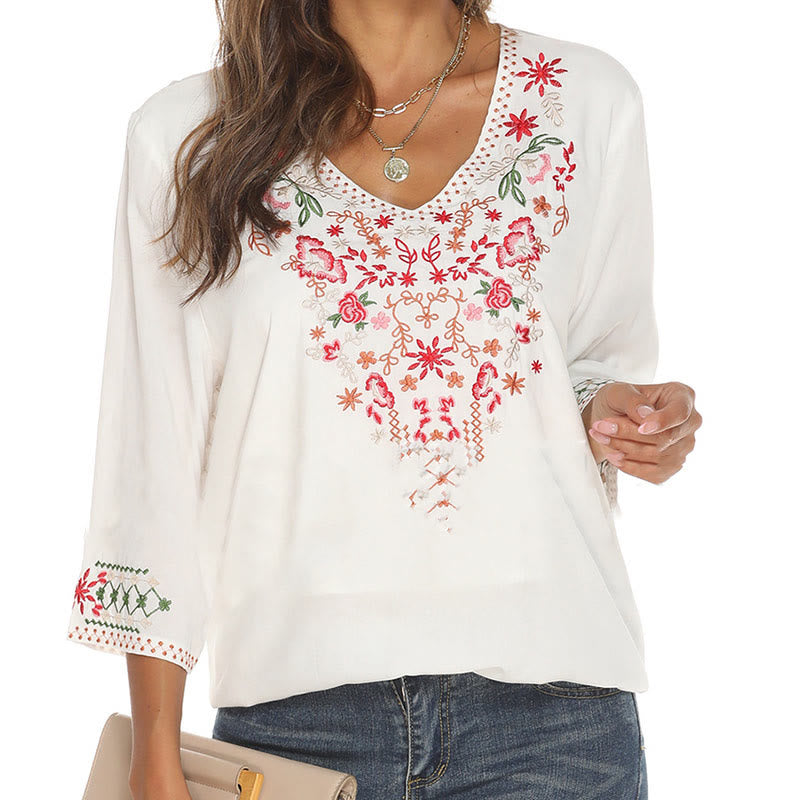 Camiseta de algodón para mujer con cuello en V y manga tres cuartos con bordado floral de verano y Buddha Stones - image 8