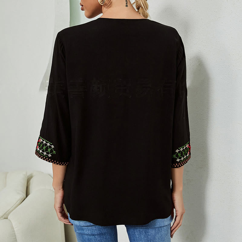 Camiseta de algodón para mujer con cuello en V y manga tres cuartos con bordado floral de verano y Buddha Stones - image 1