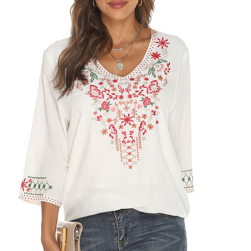Camiseta de algodón para mujer con cuello en V y manga tres cuartos con bordado floral de verano y Buddha Stones - Nieve - US12, UK/AU16, EU44 (3XL) - image 7