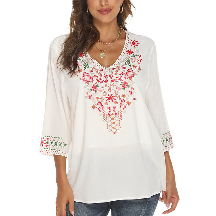 Camiseta de algodón para mujer con cuello en V y manga tres cuartos con bordado floral de verano y Buddha Stones - image 10