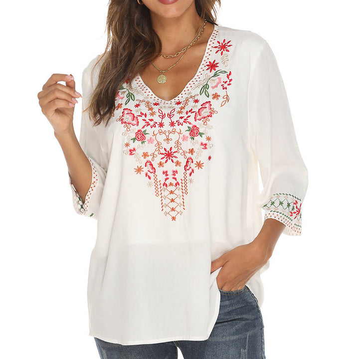 Camiseta de algodón para mujer con cuello en V y manga tres cuartos con bordado floral de verano y Buddha Stones - image 9