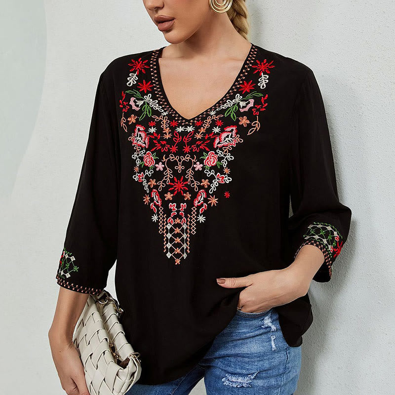 Camiseta de algodón para mujer con cuello en V y manga tres cuartos con bordado floral de verano y Buddha Stones - image 2