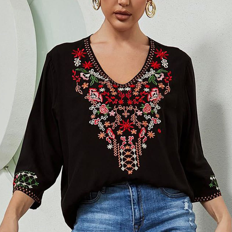 Camiseta de algodón para mujer con cuello en V y manga tres cuartos con bordado floral de verano y Buddha Stones - image 6