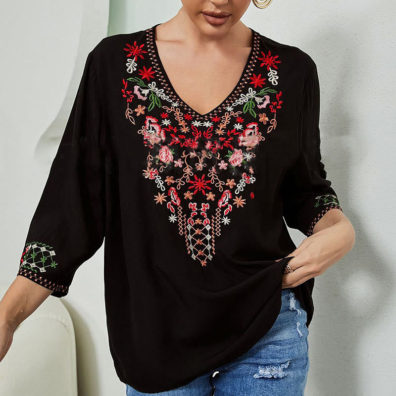 Camiseta de algodón para mujer con cuello en V y manga tres cuartos con bordado floral de verano y Buddha Stones - image 5