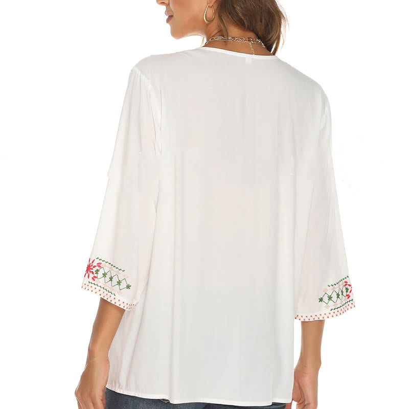 Camiseta de algodón para mujer con cuello en V y manga tres cuartos con bordado floral de verano y Buddha Stones - image 11