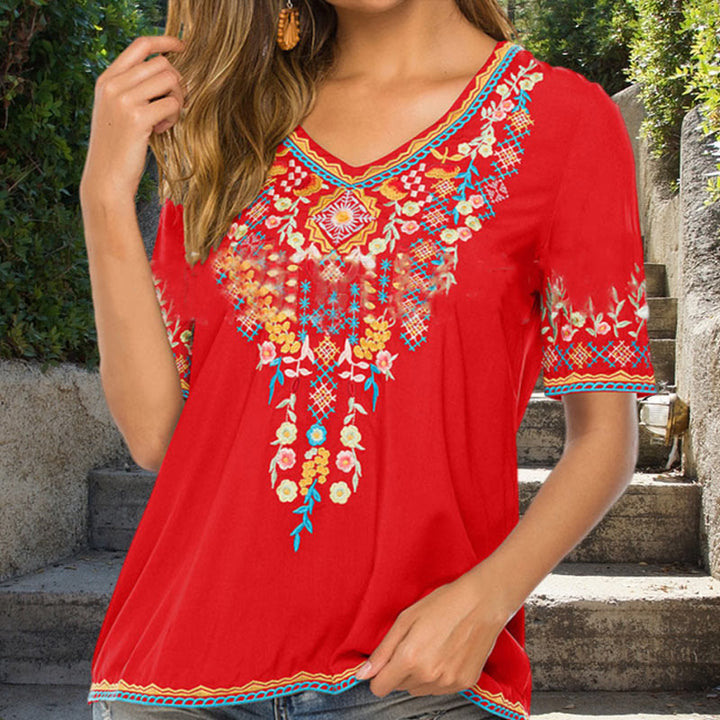 Camiseta de algodón para mujer con cuello en V y manga corta con diseño floral bordado de Buddha Stones - image 9