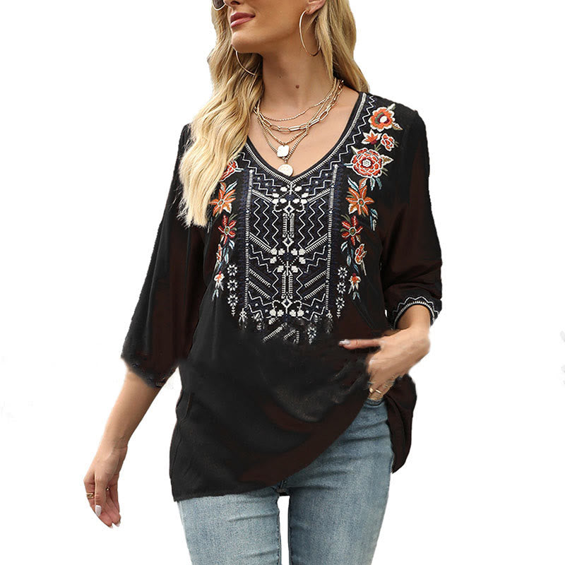 Camiseta de mujer de manga tres cuartos con cuello en V, estilo casual primaveral, con bordado floral y diseño de Buddha Stones. - image 8