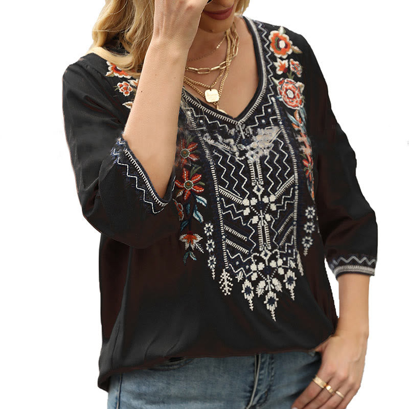 Camiseta de mujer de manga tres cuartos con cuello en V, estilo casual primaveral, con bordado floral y diseño de Buddha Stones. - image 13