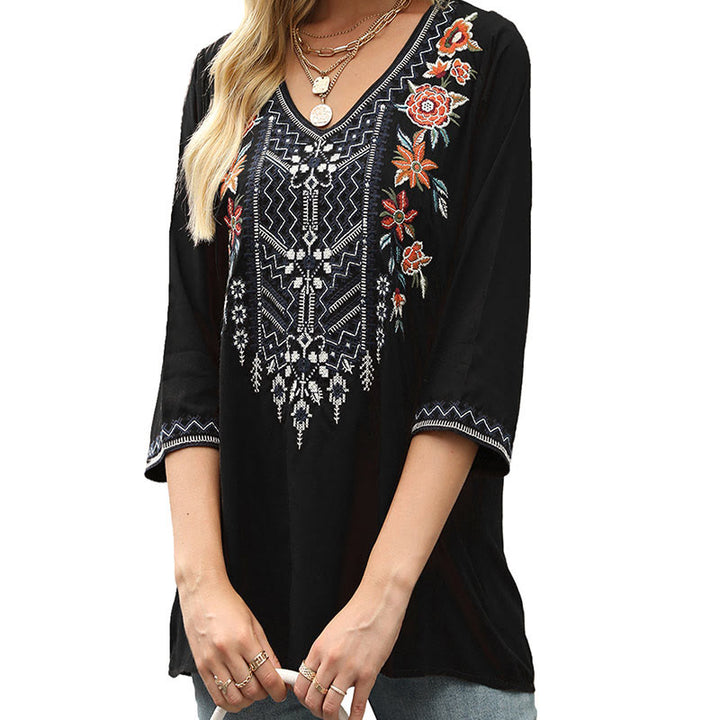 Camiseta de algodón para mujer con cuello en V y manga tres cuartos con diseño floral bordado liso y casual de Buddha Stones para primavera - Negro - US12, UK/AU16, EU44 (3XL) - image 7