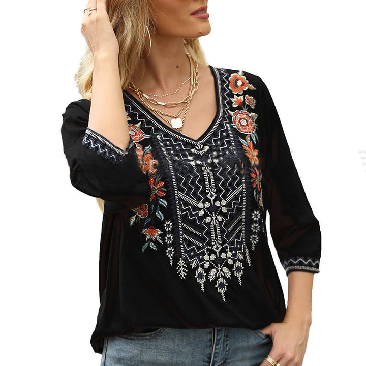 Camiseta de algodón para mujer con cuello en V y manga tres cuartos con diseño floral bordado liso y casual de Buddha Stones para primavera - image 10