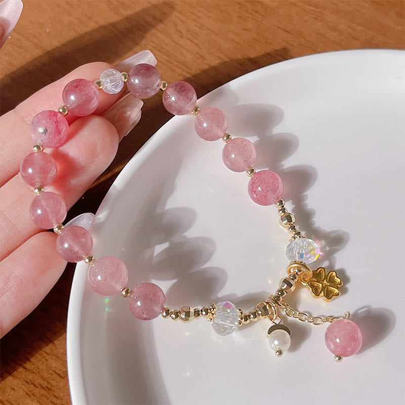 Pulsera curativa de trébol de cuatro hojas con cuarzo fresa natural de Buddha Stones