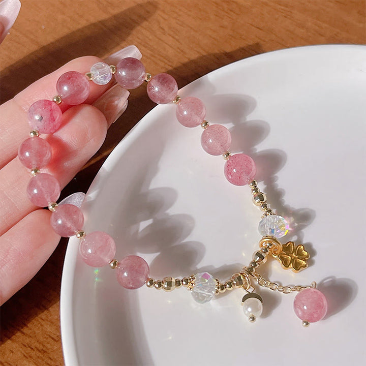 Pulsera curativa de trébol de cuatro hojas con cuarzo fresa natural de Buddha Stones