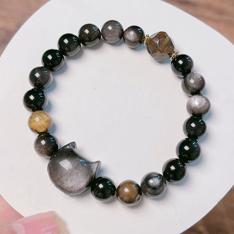 Pulsera relajante con cuentas de obsidiana y brillo plateado natural de Buddha Stones, con un bonito diseño de gato. - image 10