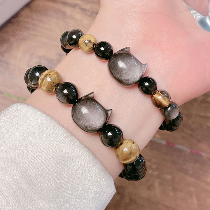 Pulsera relajante con cuentas de obsidiana y brillo plateado natural de Buddha Stones, con un bonito diseño de gato. - image 9