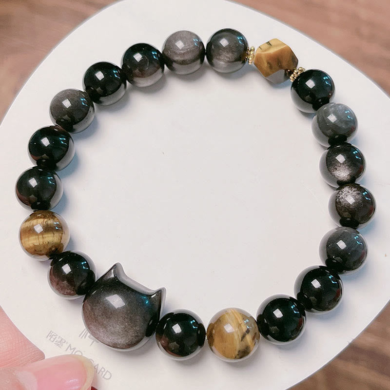 Pulsera relajante con cuentas de obsidiana y brillo plateado natural de Buddha Stones, con un bonito diseño de gato. - image 11