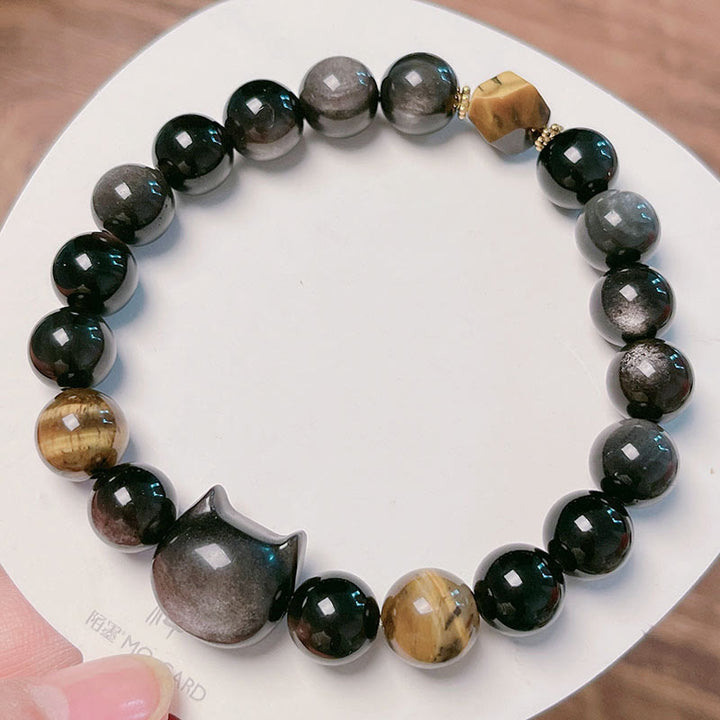 Pulsera relajante con cuentas de obsidiana y brillo plateado natural de Buddha Stones, con un bonito diseño de gato. - image 11