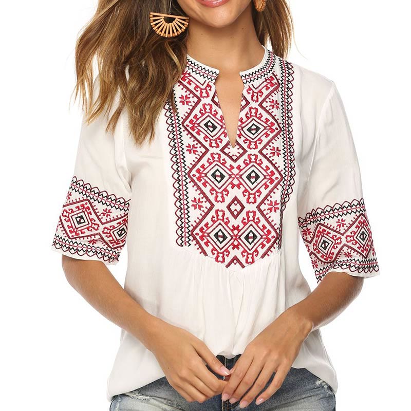 Camiseta de algodón para mujer con cuello en V y media manga con bordado floral bohemio de Buddha Stones - FloralBlanco - US14, UK/AU18, EU46 (4XL) - image 8