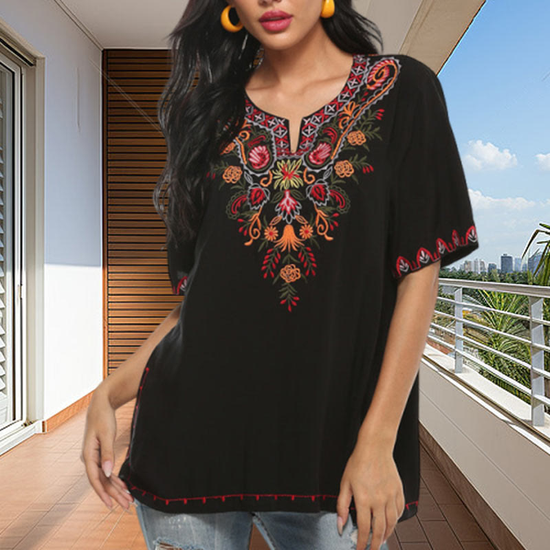 Camiseta de algodón con muescas y media manga con diseño floral bordado en negro con Buddha Stones para mujer - Negro - US12, UK/AU16, EU44 (3XL) - image 0