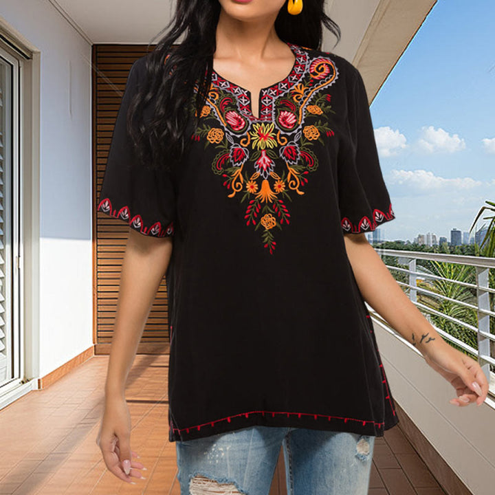 Camiseta de algodón con muescas y media manga con diseño floral bordado en negro con Buddha Stones para mujer - image 3