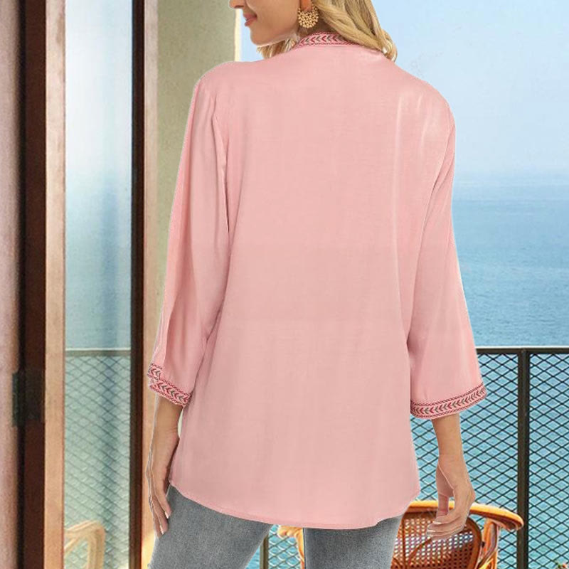 Camiseta de algodón para mujer con cuello en V y manga larga con diseño floral bordado de Buddha Stones de color puro - image 4