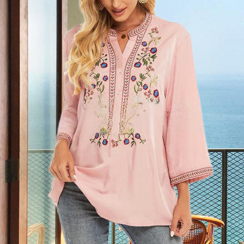 Camiseta de algodón para mujer con cuello en V y manga larga con diseño floral bordado de Buddha Stones de color puro - image 1