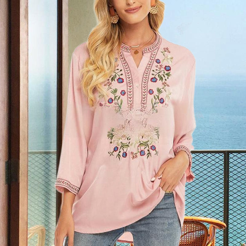 Camiseta de algodón para mujer con cuello en V y manga larga con diseño floral bordado de Buddha Stones de color puro - rosa claro - US12, UK/AU16, EU44 (3XL) - image 0