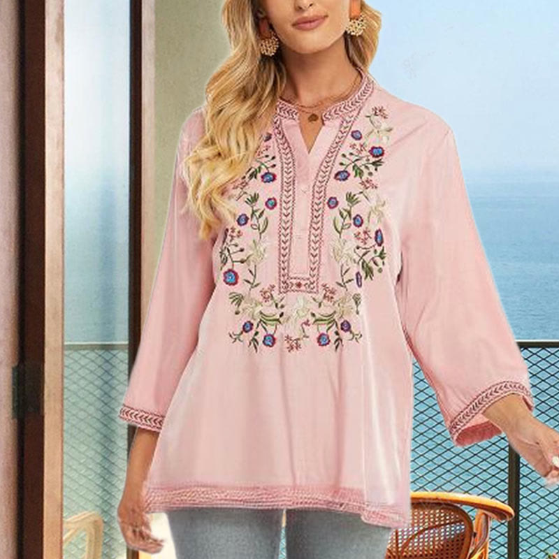 Camiseta de algodón para mujer con cuello en V y manga larga con diseño floral bordado de Buddha Stones de color puro - image 2