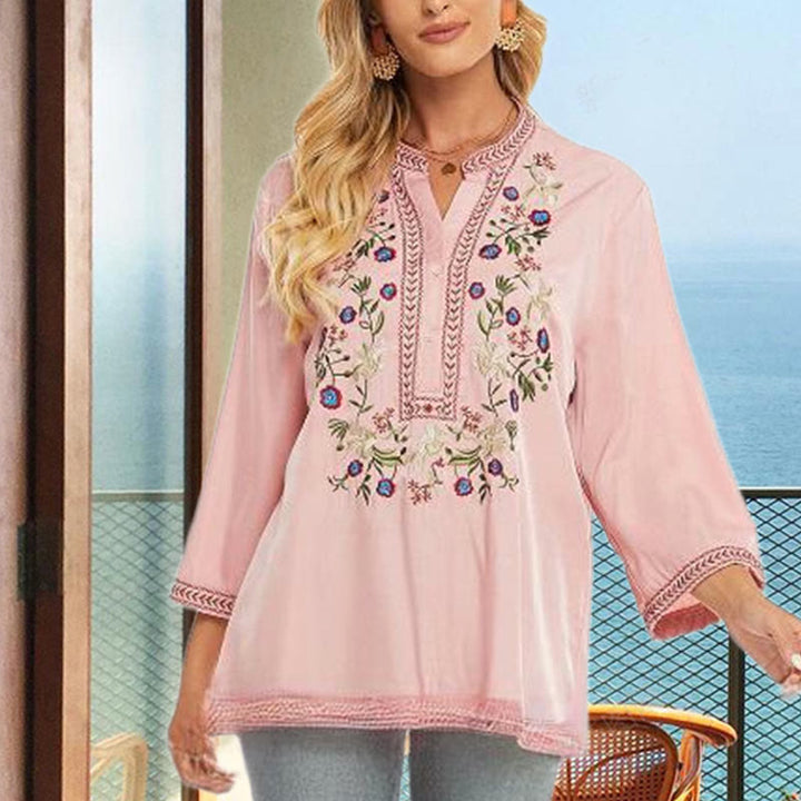 Camiseta de algodón para mujer con cuello en V y manga larga con diseño floral bordado de Buddha Stones de color puro - image 2