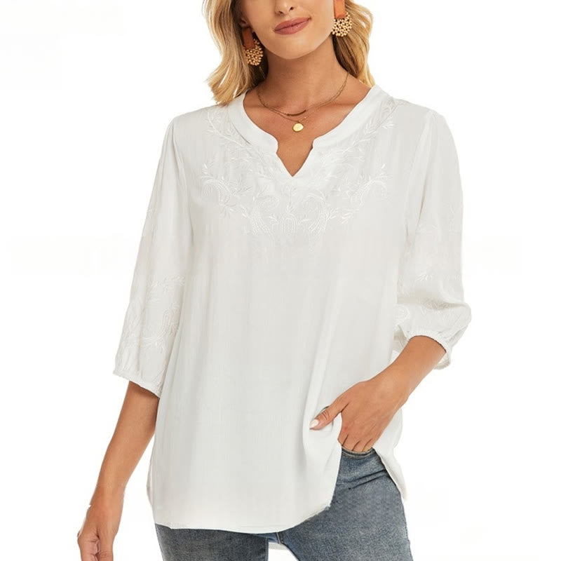 Camiseta informal de algodón con cuello en V y manga tres cuartos con bordado floral de Buddha Stones para mujer - image 5